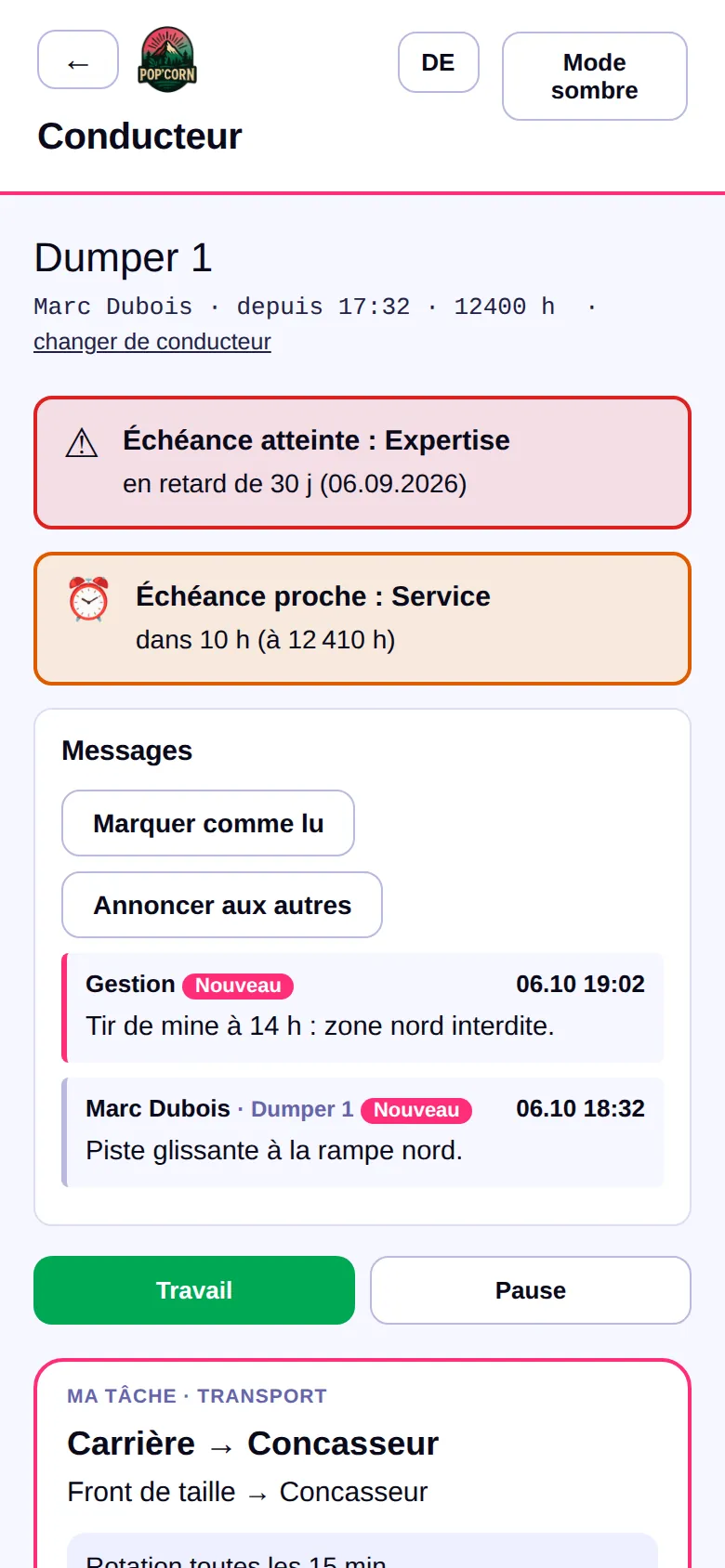 Alarme d'échéance sur l'écran du conducteur
