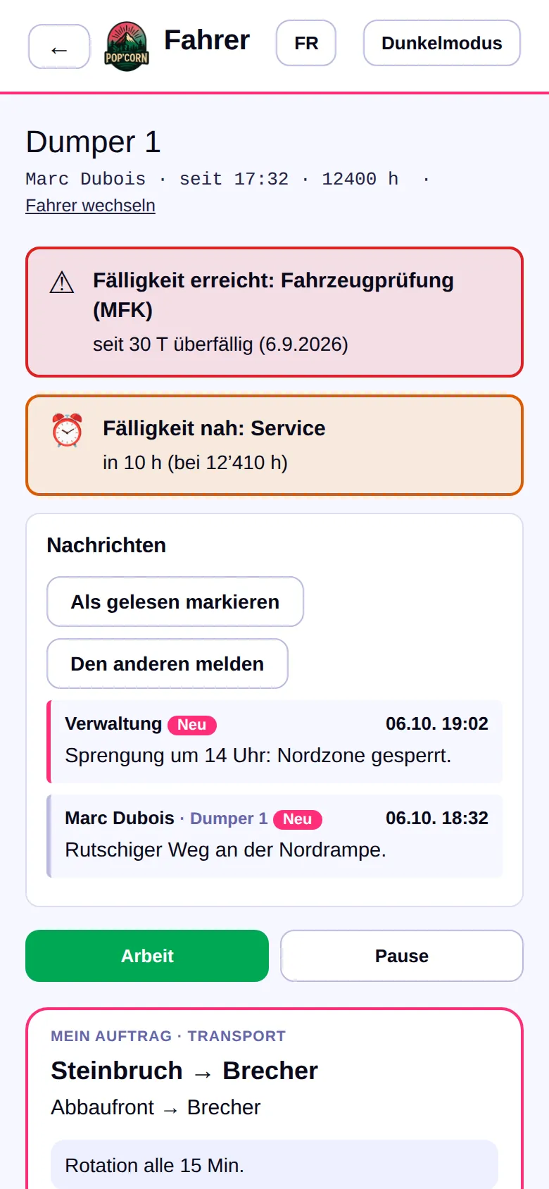 Fälligkeitsalarm auf dem Bildschirm des Fahrers