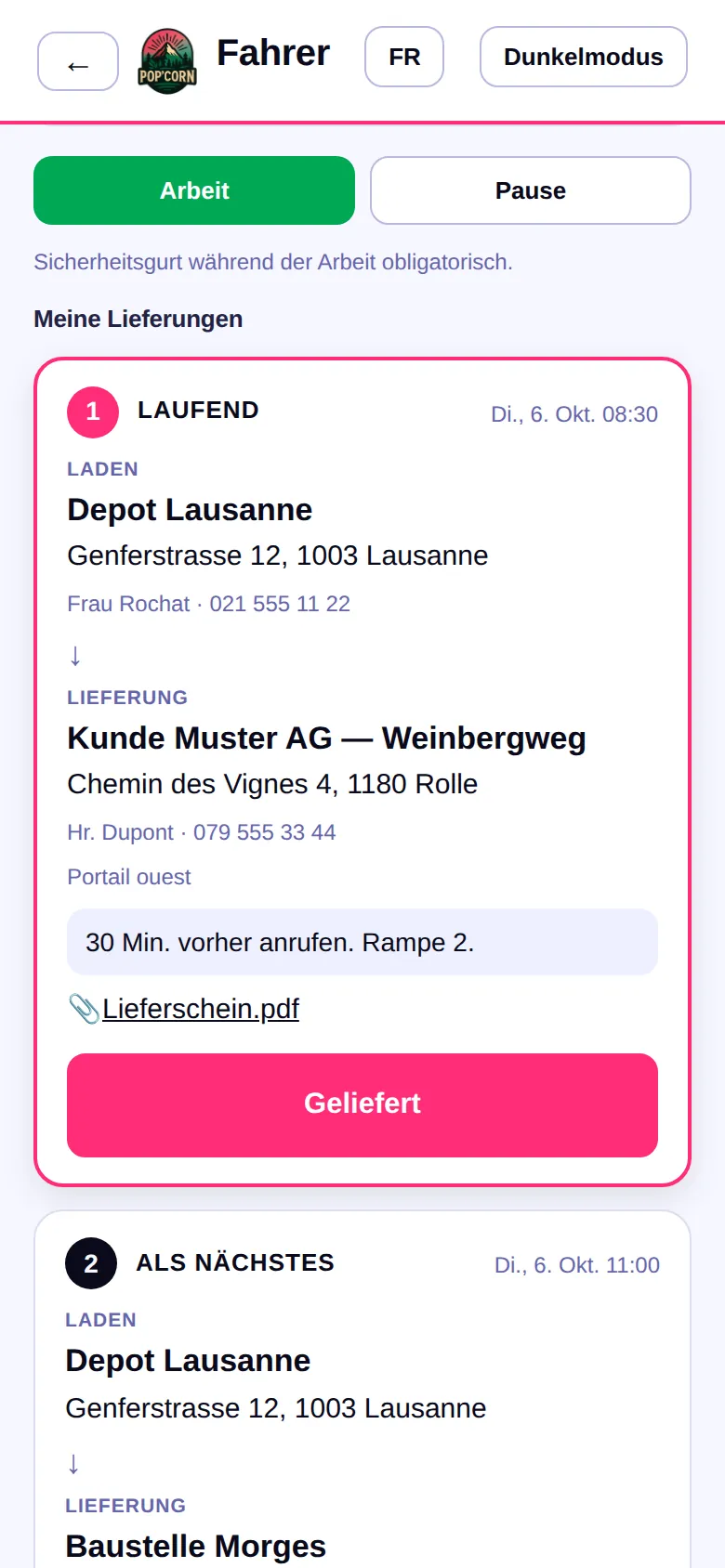 Lieferablauf auf dem Bildschirm des Fahrers