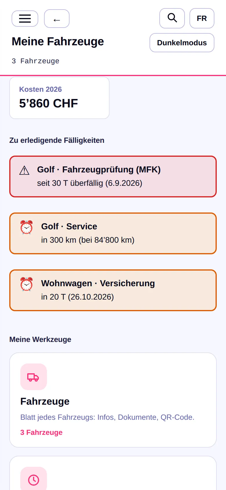 Version für Privatpersonen: Fälligkeiten eines Autos, eines Motorrads und eines Wohnwagens