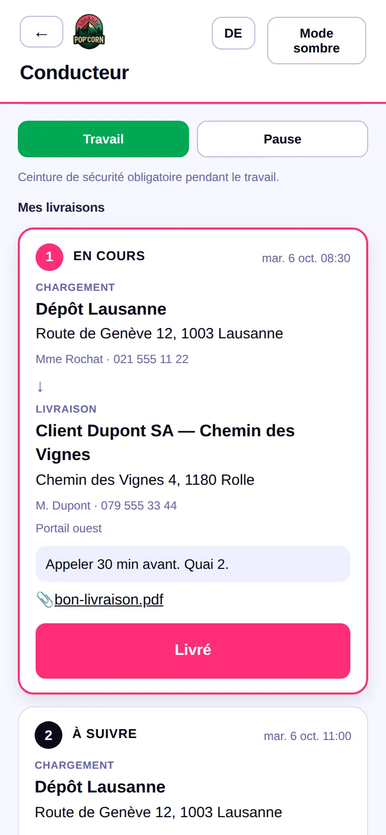 Fil de livraisons sur l'écran du conducteur