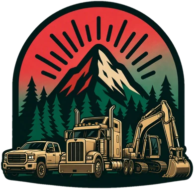 Logo Parc véhicules : un pick-up, un camion et une pelle devant une montagne