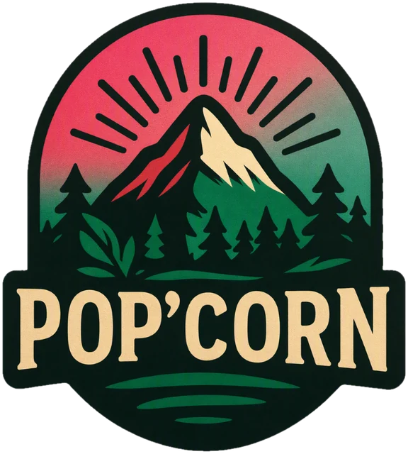 Logo Pop'Corn : une montagne au soleil levant, entourée de sapins