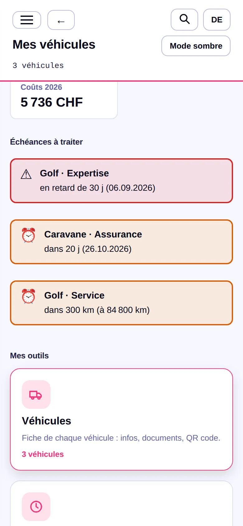 Version pour particuliers : échéances d'une voiture, d'une moto et d'une caravane